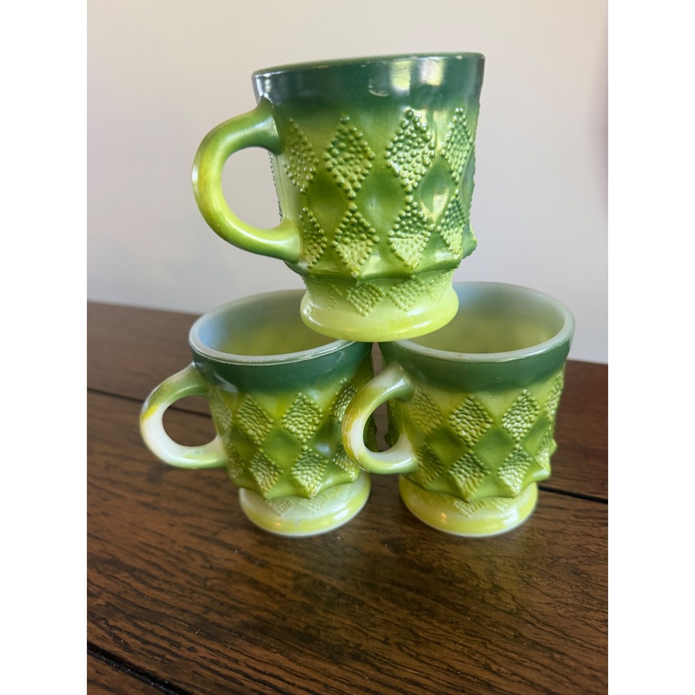 Fire-King Kimberly Mugs Set of 3 Green Milk Glass Good Vintage Diamond Point
